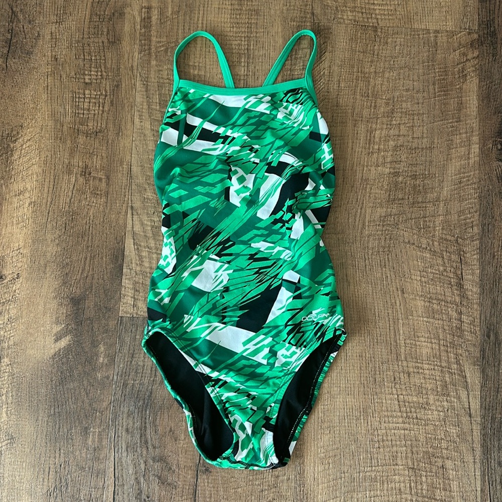 dolphin Youth Size 28 small Green/Black/White swim team suit